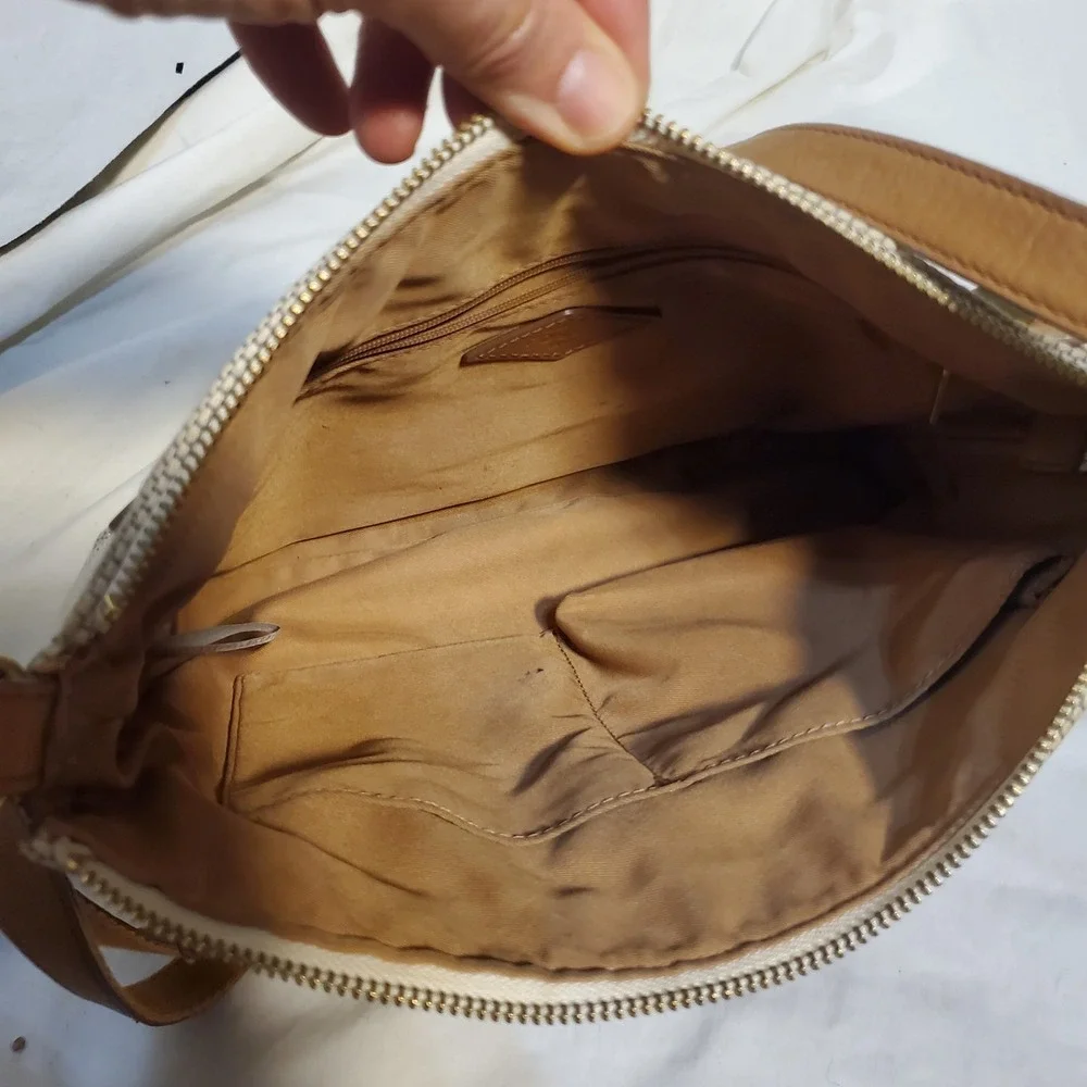 Fossil Women's Kinley Crossbody Tan‎ Bag Leather & Canvas Med Adj Strap